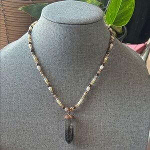 Handmade Pearl + Seed Bead Beaded Necklace with Smoky Quartz Pendant
